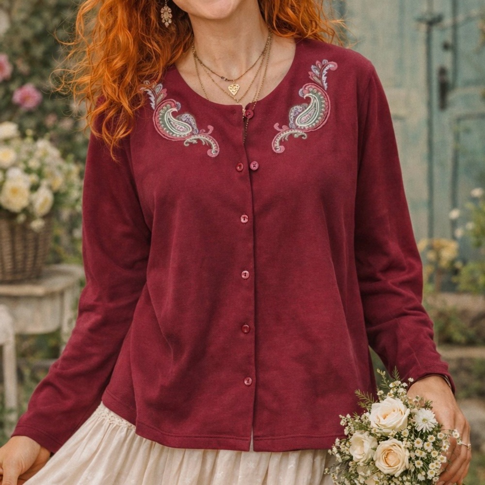 Vintage BonWorth Burgundy Embroidered Paisley Boho Cottagecore Cardigan Large